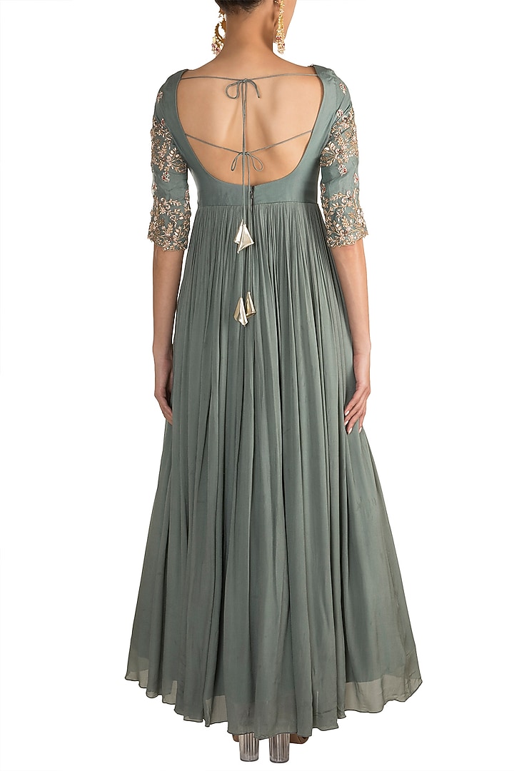 Aqua Blue Embroidered Wedding Anarkali With Printed Dupatta by Pleats by Kaksha & Dimple at Pernia's Pop Up Shop