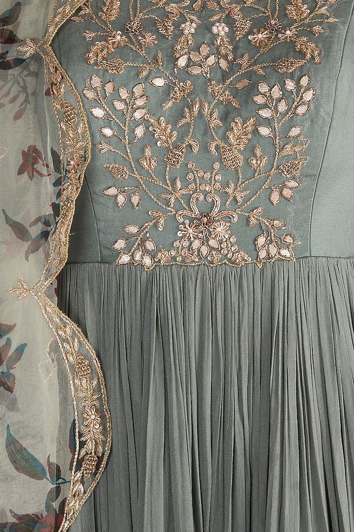 Aqua Blue Embroidered Wedding Anarkali With Printed Dupatta by Pleats by Kaksha & Dimple at Pernia's Pop Up Shop