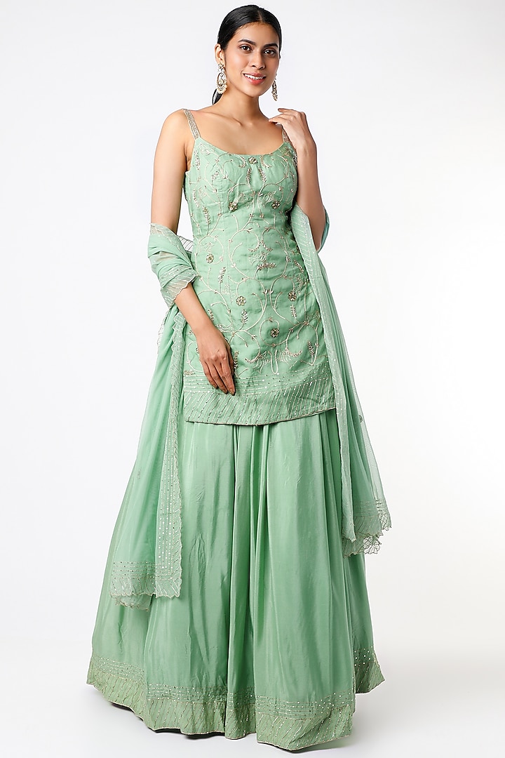 Aquamarine Green Embroidered Skirt Set by Pleats by Kaksha & Dimple