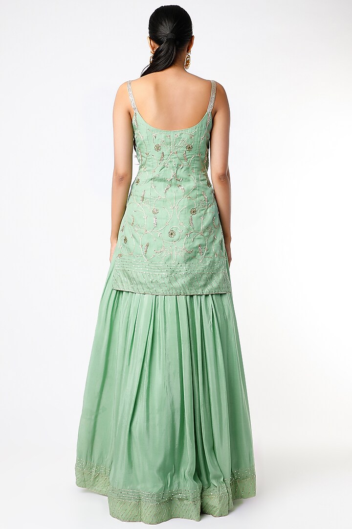Aquamarine Green Embroidered Skirt Set by Pleats by Kaksha & Dimple at Pernia's Pop Up Shop