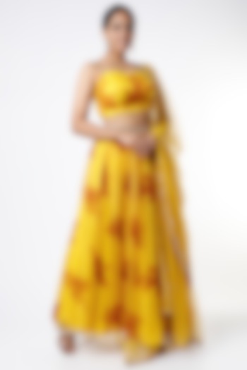 Yellow Printed Skirt Set by Pleats by Kaksha & Dimple
