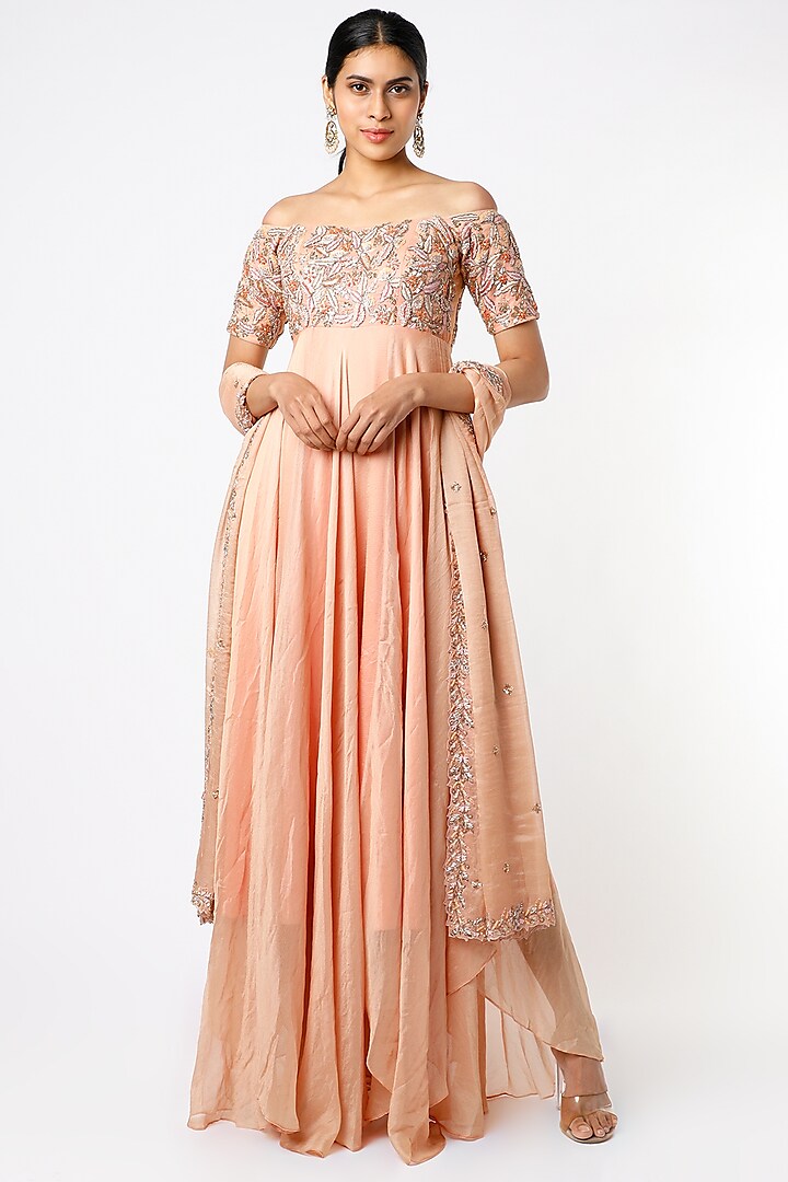 Peach Embellished Anarkali Set by Pleats by Kaksha & Dimple