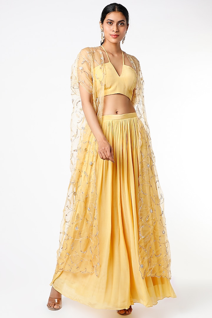 Yellow Organza Embroidered Jacket Set by Pleats by Kaksha & Dimple