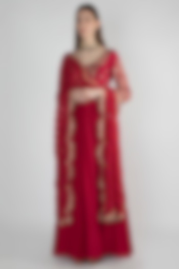 Scarlet Red Embroidered Anarkali With Dupatta by Pleats by Kaksha & Dimple