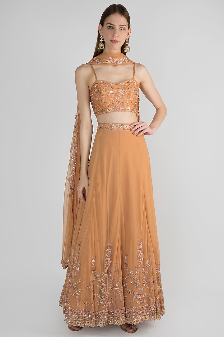 Orange Embellished Bridal Lehenga Set by Pleats by Kaksha & Dimple at Pernia's Pop Up Shop
