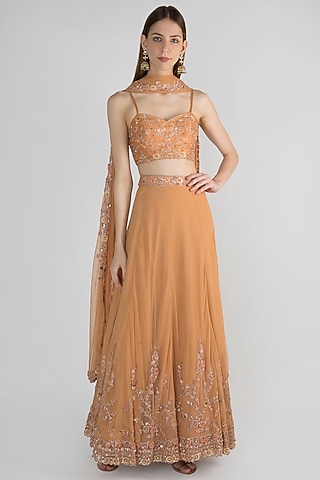 Orange Embellished Lehenga Set by Pleats by Kaksha & Dimple