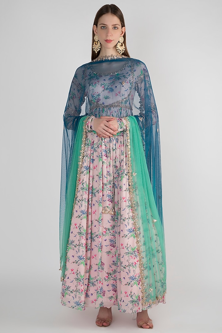 Pale Pink Anarkali With Shaded Blue Dupatta by Pleats by Kaksha & Dimple