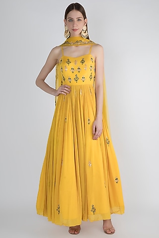 Yellow Embellished Anarkali With Dupatta by Pleats by Kaksha & Dimple