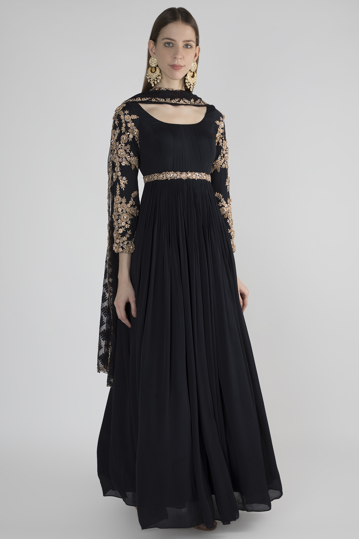 Oxford Blue Embroidered Wedding Anarkali With Scalloped Dupatta by Pleats by Kaksha & Dimple at Pernia's Pop Up Shop