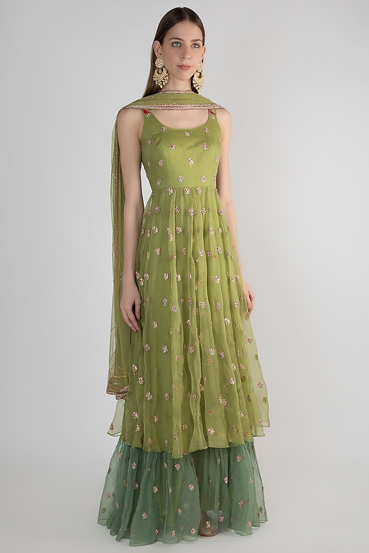 Green Embellished Jute Anarkali With Dupatta by Pleats by Kaksha & Dimple at Pernia's Pop Up Shop