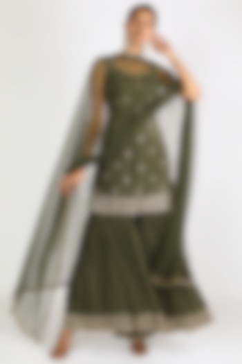 Olive Green Embroidered Sharara Set by Pleats By Kaksha & Dimple