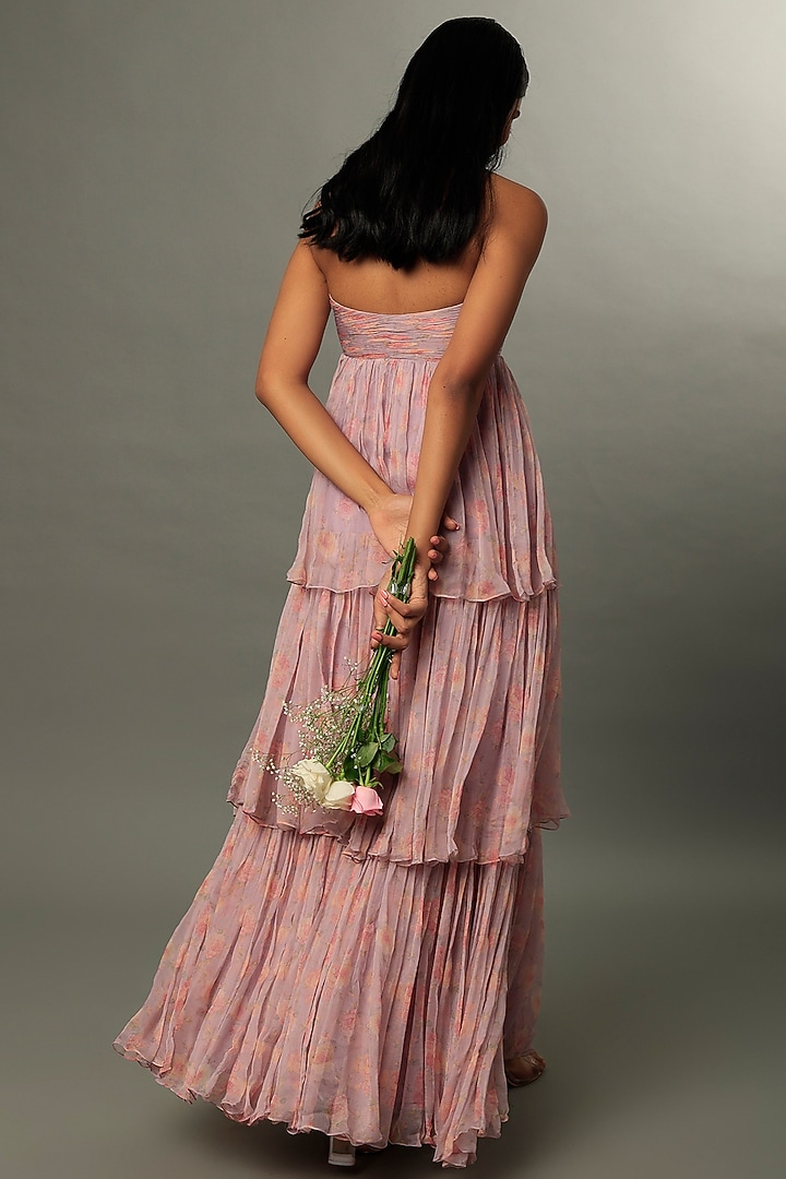 Flamingo Pink Georgette Layered Engagement Gown by Pleats By Kaksha & Dimple at Pernia's Pop Up Shop