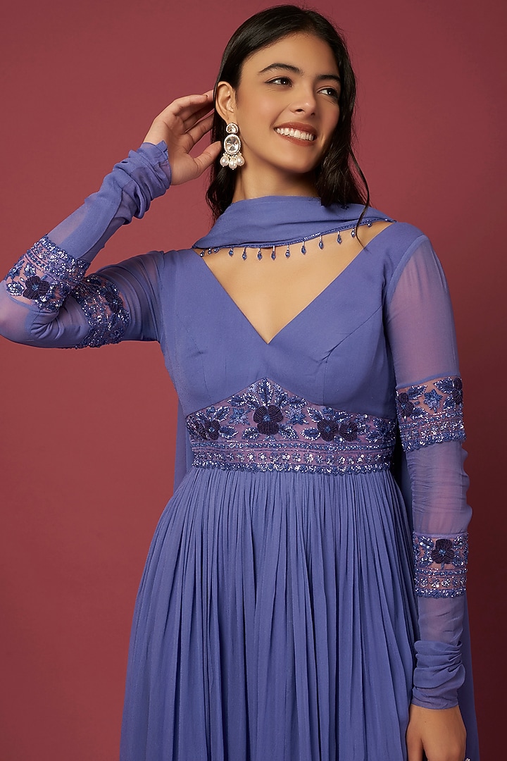 Royal Purple Embroidered Wedding Anarkali Set by Pleats By Kaksha & Dimple at Pernia's Pop Up Shop