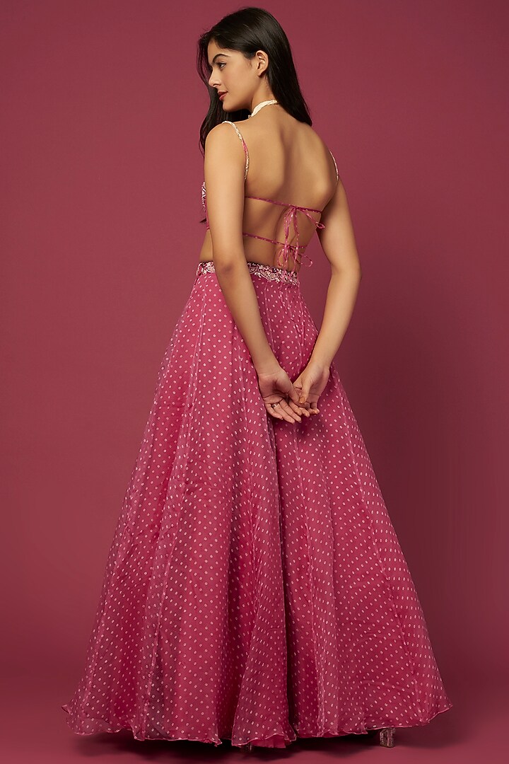 Pink Organza Bandhani Wedding Lehenga Set by Pleats By Kaksha & Dimple at Pernia's Pop Up Shop