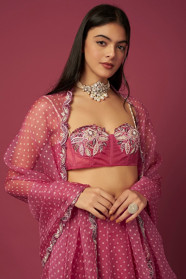 Pink Organza Bandhani Wedding Lehenga Set by Pleats By Kaksha & Dimple at Pernia's Pop Up Shop