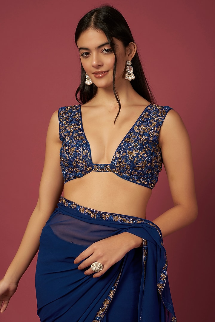 Berry Blue Embroidered Wedding Saree Set by Pleats By Kaksha & Dimple at Pernia's Pop Up Shop