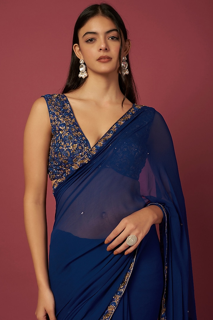 Berry Blue Embroidered Wedding Saree Set by Pleats By Kaksha & Dimple at Pernia's Pop Up Shop