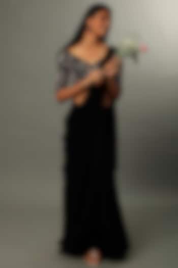Black Georgette Pre-Stitched Saree Set by Pleats By Kaksha & Dimple