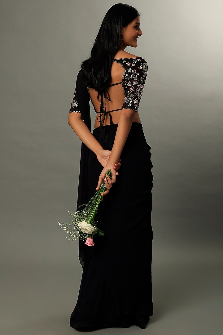 Black Georgette Pre-Stitched Wedding Saree Set by Pleats By Kaksha & Dimple at Pernia's Pop Up Shop