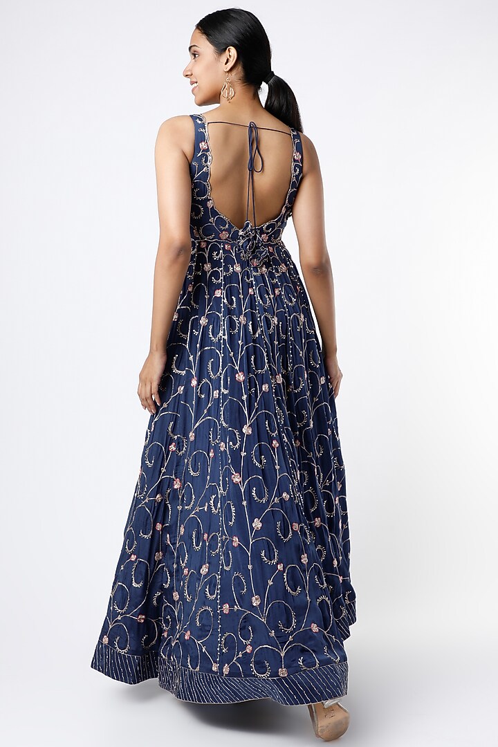 Blue Embroidered Bridal Anarkali Set by Pleats by Kaksha & Dimple at Pernia's Pop Up Shop
