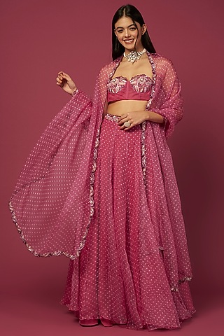 Pink Organza Bandhani Lehenga Set For Girls by Pleats by Kaksha - Kids