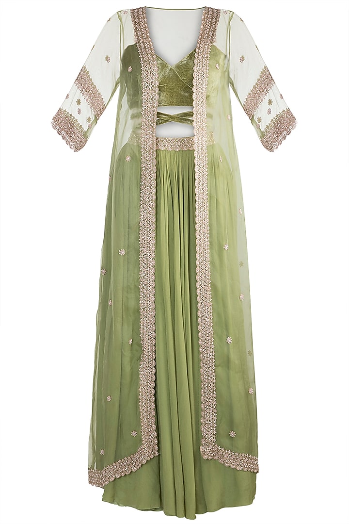 Parrot Green Organza Embellished Jacket Set For Girls by Pleats by Kaksha - Kids at Pernia's Pop Up Shop