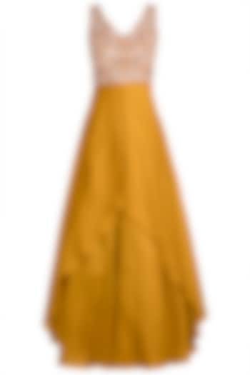Mustard Yellow Embroidered Anarkali Gown With Dupatta For Girls by Pleats by Kaksha - Kids