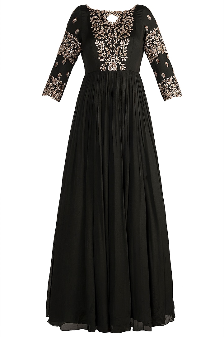 Olive Green Crepe Embroidered Anarkali Set For Girls by Pleats by Kaksha - Kids at Pernia's Pop Up Shop