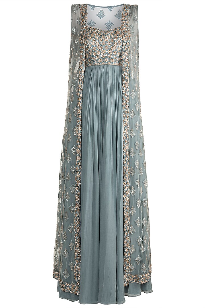 Aqua Blue Crepe Embroidered Gown With Jacket by Pleats by Kaksha - Kids