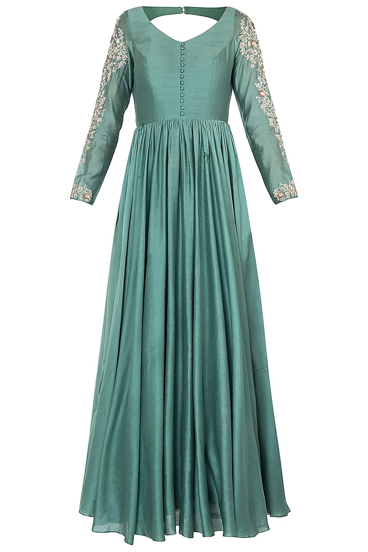 Green Silk Embroidered Anarkali Gown With Dupatta by Pleats by Kaksha - Kids