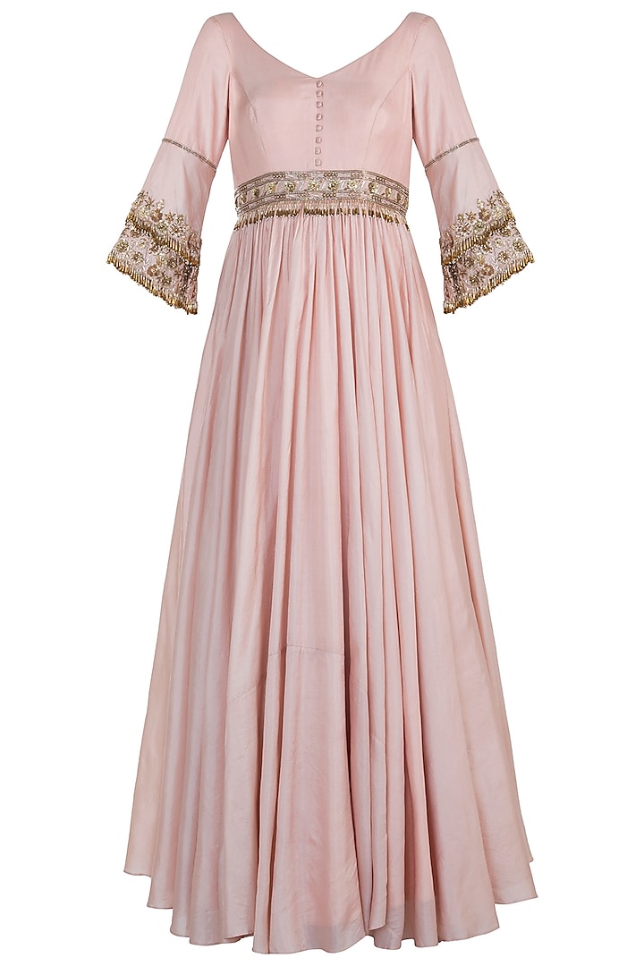 Pink Silk Embroidered Anarkali Set For Girls by Pleats by Kaksha - Kids