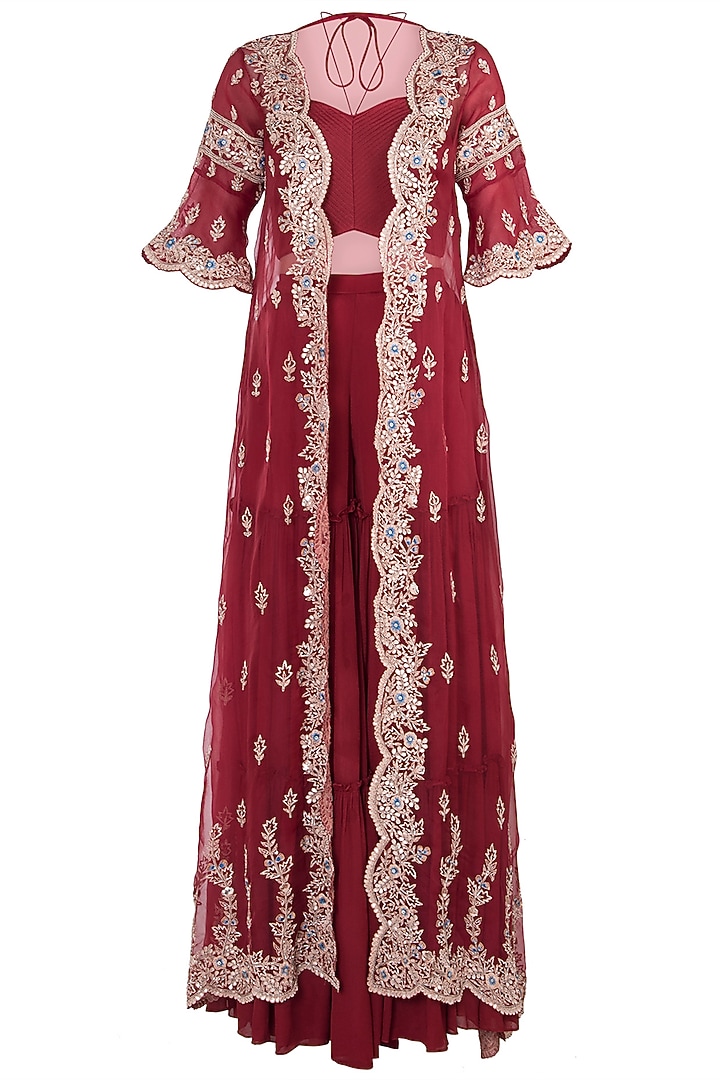 Red Organza Embroidered Cape Set For Girls  by Pleats by Kaksha - Kids at Pernia's Pop Up Shop