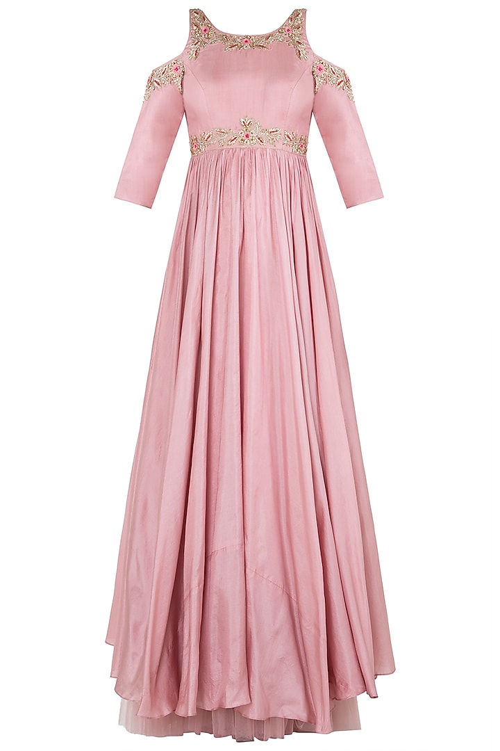 Pink Silk Embroidered Anarkali Gown Set For Girls by Pleats by Kaksha - Kids