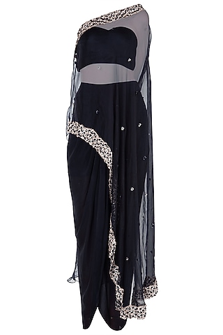 Black Organza One Shoulder Cape Set For Girls by Pleats by Kaksha - Kids