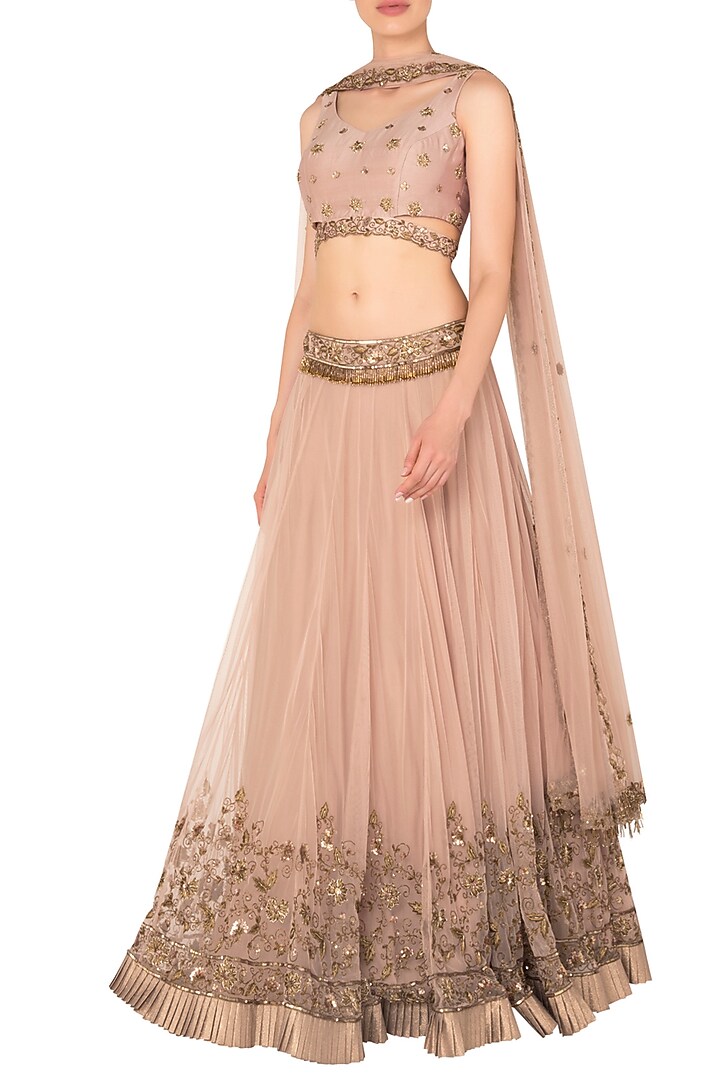 Blush Pink Net Embroidered Frilled Lehenga Set For Girls by Pleats by Kaksha - Kids at Pernia's Pop Up Shop