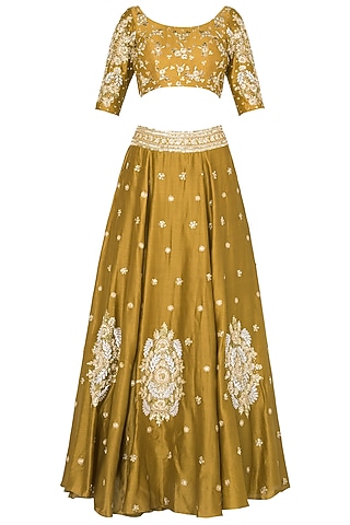 Mustard Crepe Embroidered Lehenga Set For Girls by Pleats by Kaksha - Kids