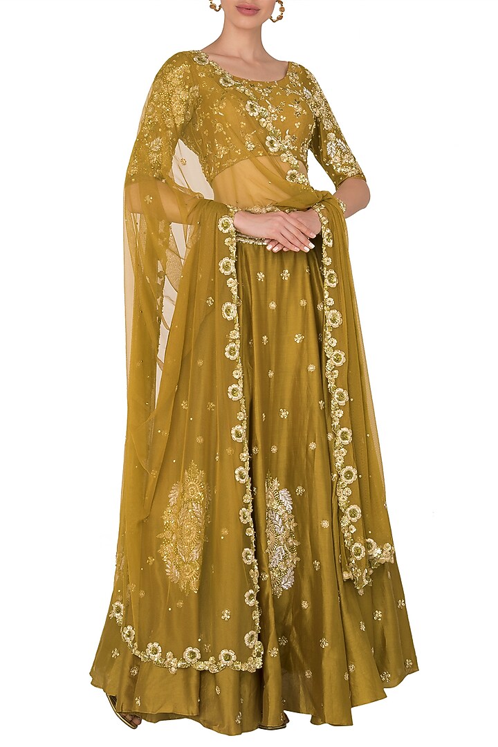 Mustard Crepe Embroidered Lehenga Set For Girls by Pleats by Kaksha - Kids at Pernia's Pop Up Shop