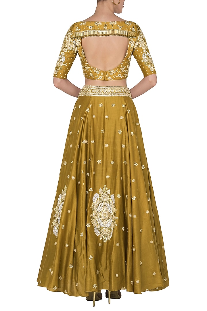 Mustard Crepe Embroidered Lehenga Set For Girls by Pleats by Kaksha - Kids at Pernia's Pop Up Shop
