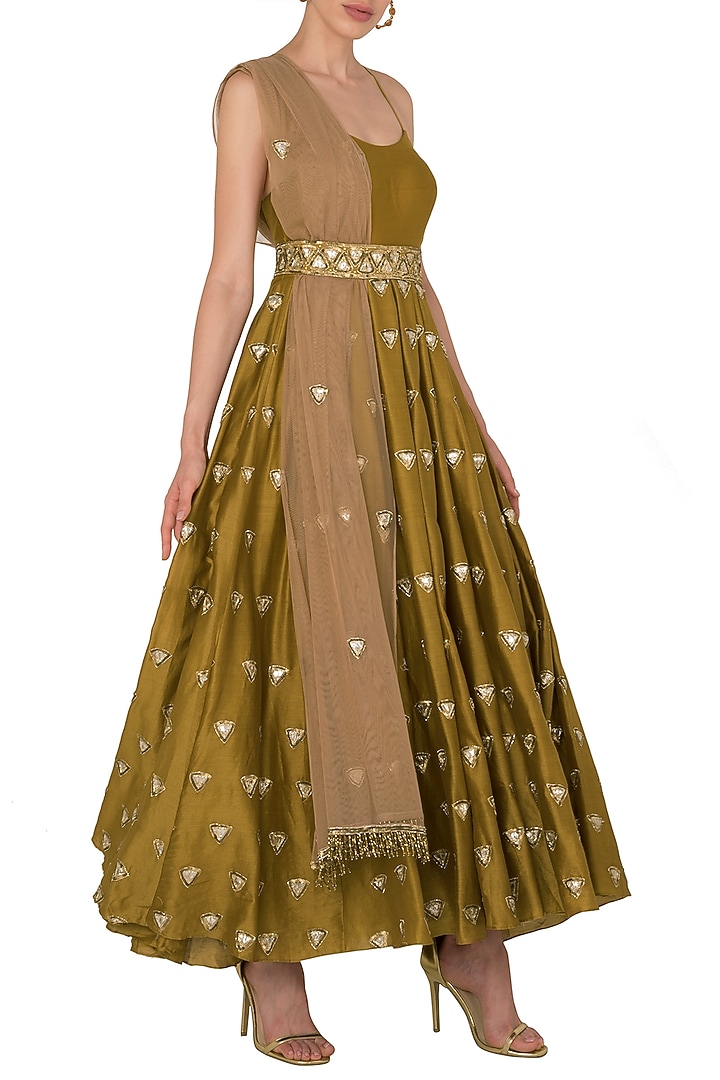 Dandelion Crepe Embroidered Anarkali Set For Girls by Pleats by Kaksha - Kids at Pernia's Pop Up Shop