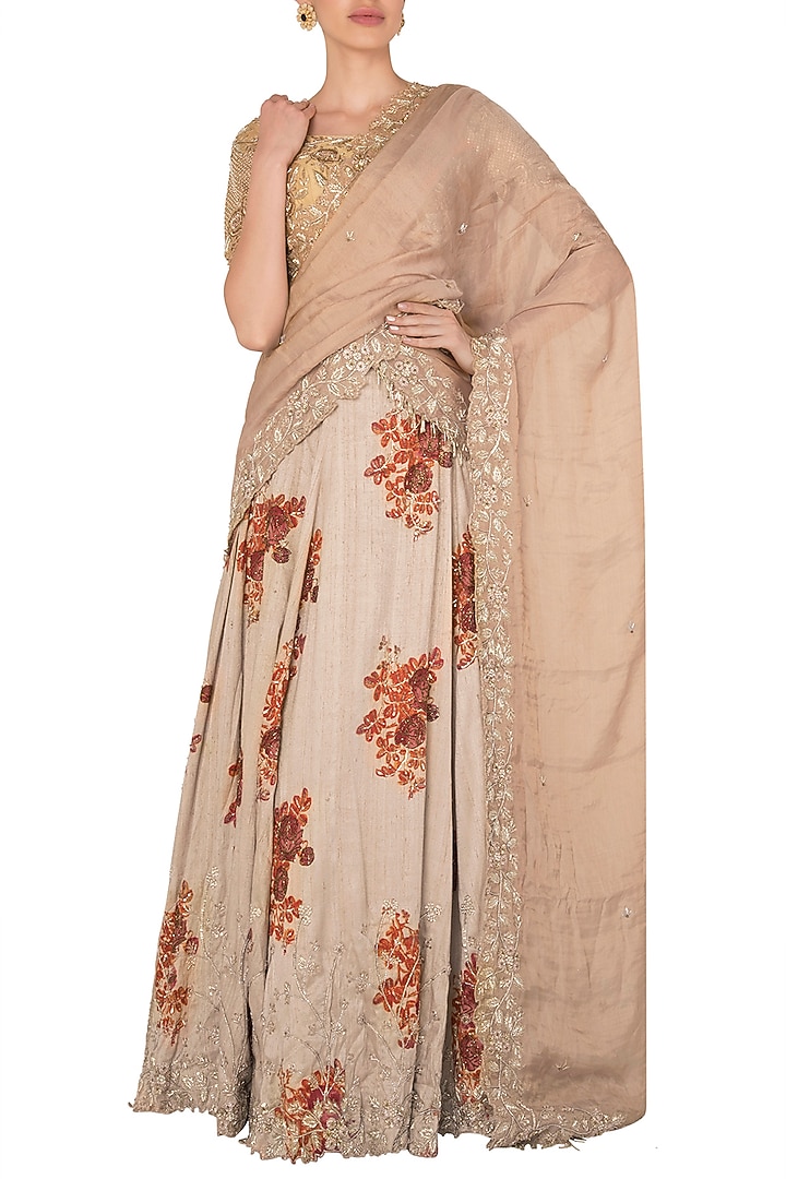 Ivory Raw Silk Printed Lehenga Set For Girls by Pleats by Kaksha - Kids at Pernia's Pop Up Shop