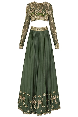 Green Crepe Embroidered Lehenga Set For Girls  by Pleats by Kaksha - Kids