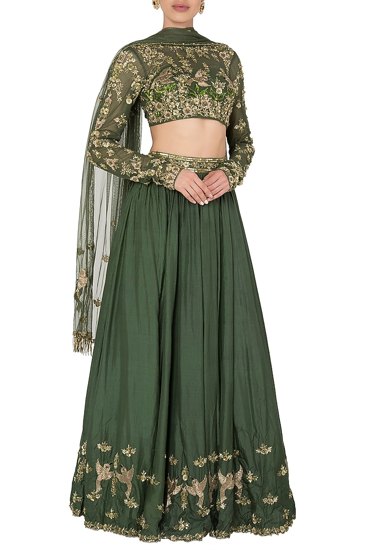 Green Crepe Embroidered Lehenga Set For Girls by Pleats by Kaksha - Kids at Pernia's Pop Up Shop