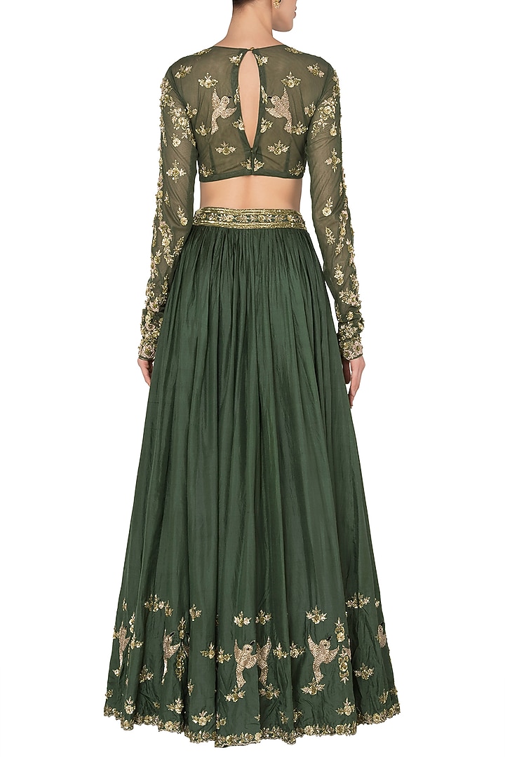 Green Crepe Embroidered Lehenga Set For Girls by Pleats by Kaksha - Kids at Pernia's Pop Up Shop