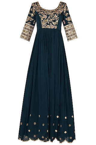 Peacock Blue Crepe Embroidered Anarkali Set For Girls  by Pleats by Kaksha - Kids