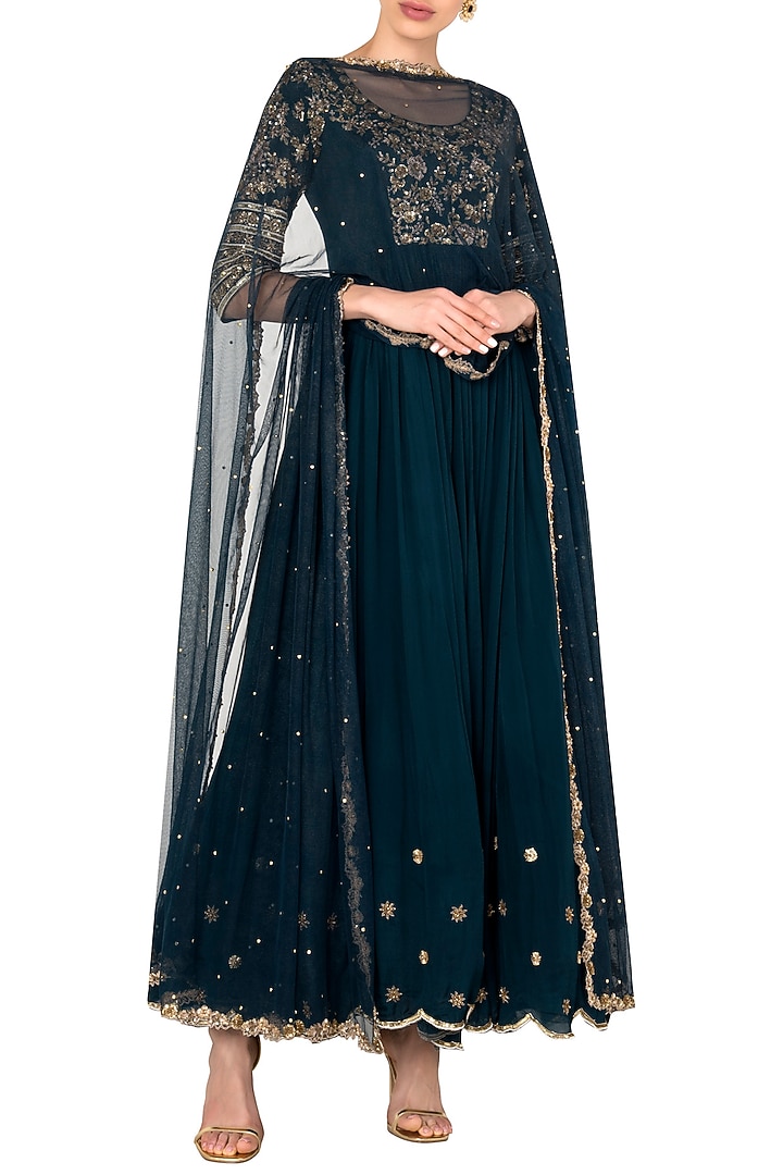 Peacock Blue Crepe Embroidered Anarkali Set For Girls  by Pleats by Kaksha - Kids at Pernia's Pop Up Shop