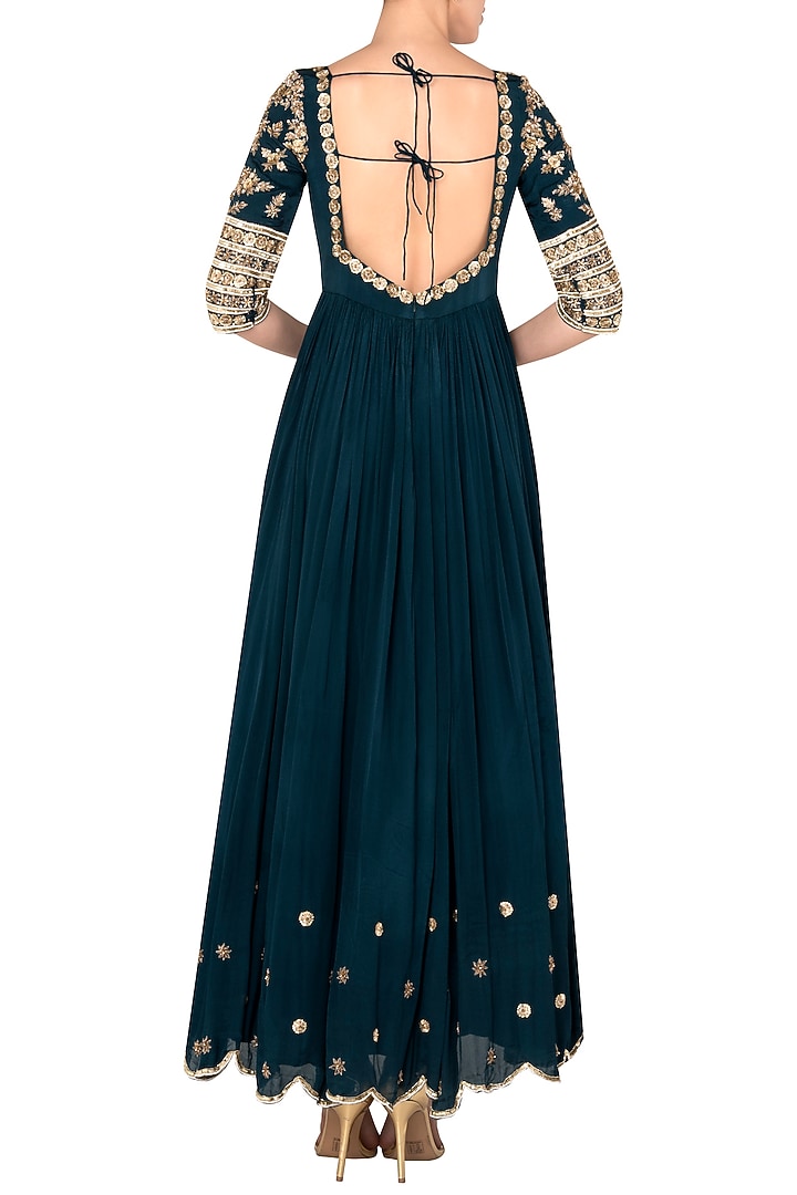 Peacock Blue Crepe Embroidered Anarkali Set For Girls  by Pleats by Kaksha - Kids at Pernia's Pop Up Shop