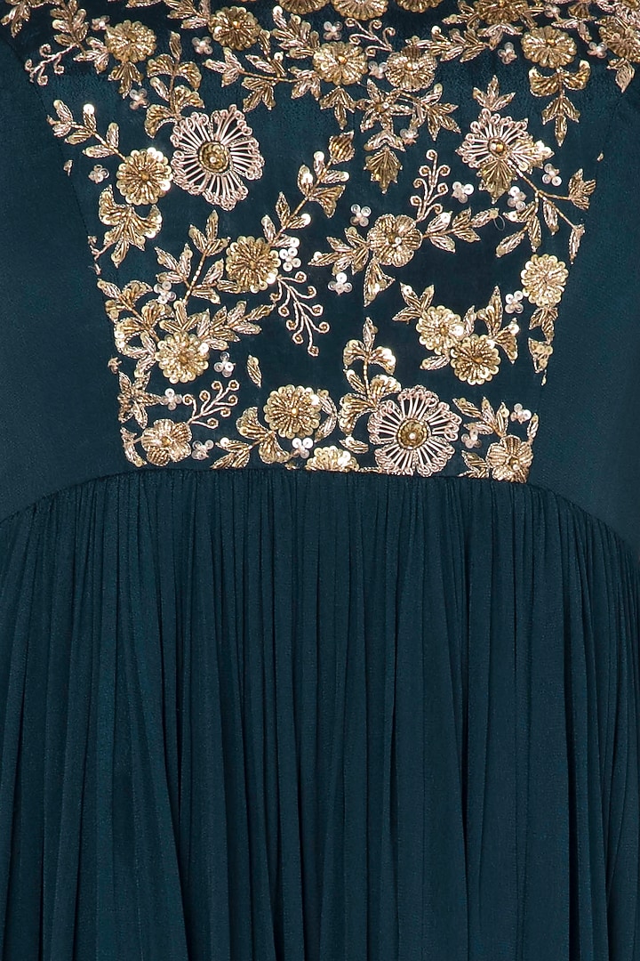 Peacock Blue Crepe Embroidered Anarkali Set For Girls  by Pleats by Kaksha - Kids at Pernia's Pop Up Shop