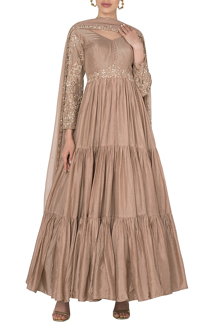 Salmon Pink Crepe Georgette Anarkali Set For Girls  by Pleats by Kaksha - Kids at Pernia's Pop Up Shop