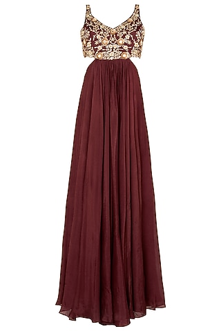 Maroon Crepe Embroidered Anarkali Set For Girls by Pleats by Kaksha - Kids