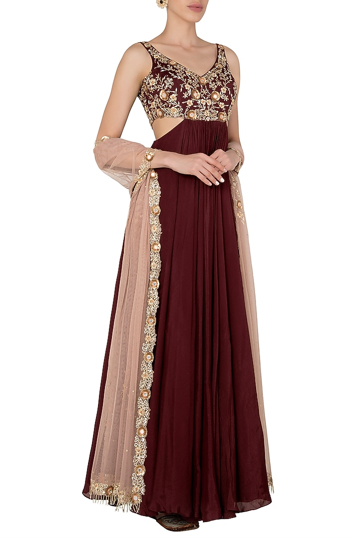 Maroon Crepe Embroidered Anarkali Set For Girls by Pleats by Kaksha - Kids at Pernia's Pop Up Shop